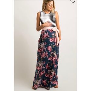 Pink blush teal floral striped maternity dress